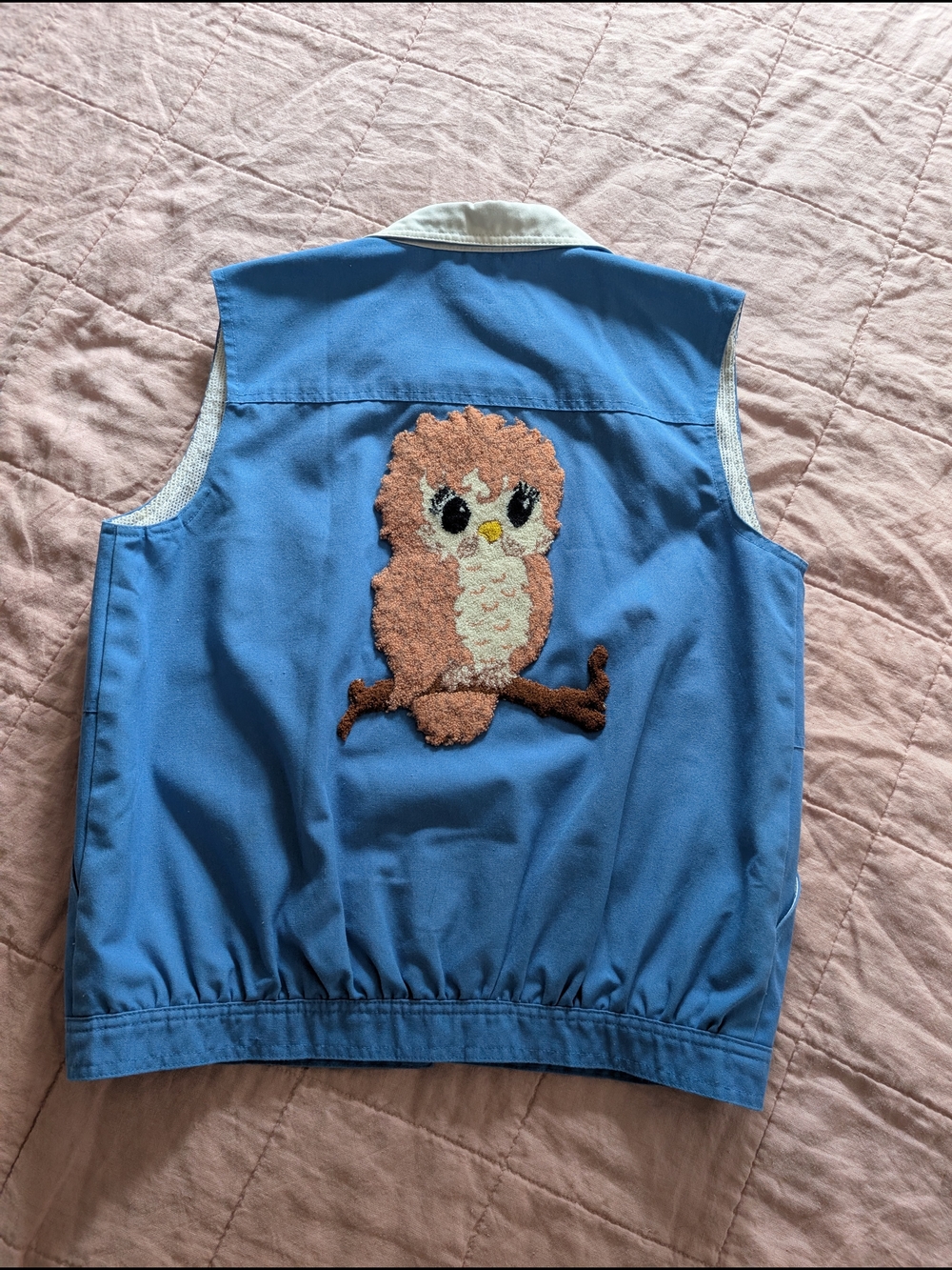 Vintage Cornflower Blue Vest with Rug Textured Owl Patch